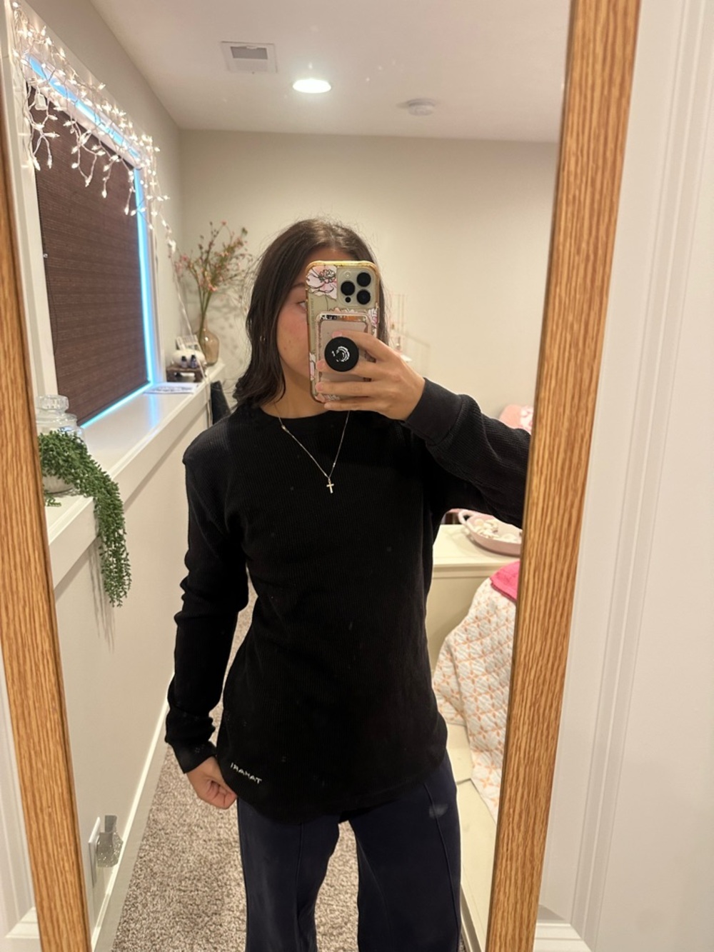 Tahari Black Ribbed Long-Sleeve Crewneck Top